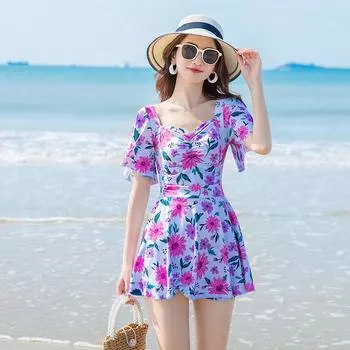 Купальник Fairy Covers The Flesh, чтобы показать тонкий цельный купальник для слегка полных девушек, небольшой купальник с цветочным принтом, удобный и элегантный купальник M жёлтый