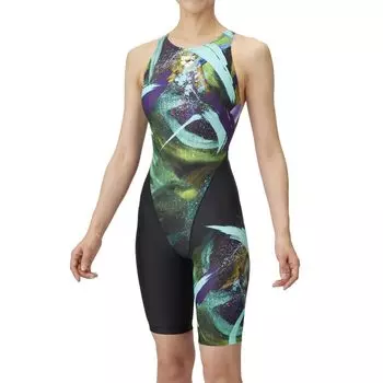 Купальник гоночный цельный гетры черный x синий XO [Arena] (Открытая спина/полушаг) Женский (БКБЛ)