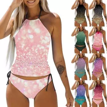Купальник из 2 предметов для женщин, топы на шее и шорты, купальный спортивный купальник с открытой спиной и принтом