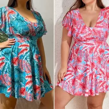 Купальник из двух частей, платье, женское бикини, большие размеры, купальник с цветочным принтом, женский сексуальный купальник больших размеров 1XL синий