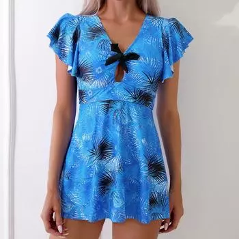 Купальник из двух частей, женский купальник с рюшами и рукавами, V-образным вырезом, бикини, купальники, танкини, летняя пляжная одежда S синий