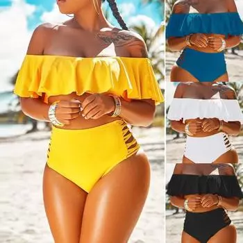 Купальник MAITA из двух частей, женский раздельный купальник с открытыми плечами, сексуальный купальник с высокой талией, большие размеры 3XL синий