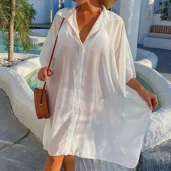 Купальник накидка сплошной цвет с отложным воротником однобортное солнцезащитное платье бикини пляжная одежда L чёрный