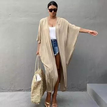 Купальник, накидка, женское однотонное пляжное кимоно с рукавами «летучая мышь», платья с запахом и поясом, летние праздничные купальные костюмы One Size красный