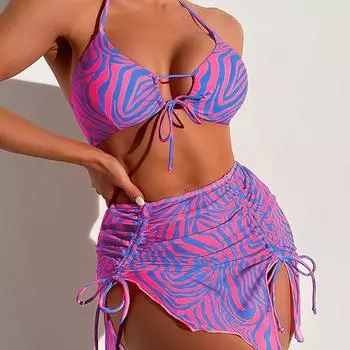 Купальник новый принтованный пляжный купальник бикини со шнуровкой юбка купальник из трех частей бикини для женщин S