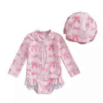 Купальник-ракушка для девочек, комбинезон с длинным рукавом и принтом банта, пляжный купальный костюм с шапочкой 3-6 Months