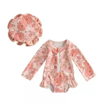 Купальник Rash Guard для маленьких девочек, купальный костюм с длинными рукавами и клубничным принтом + шляпа от солнца 2-3 Years розовый