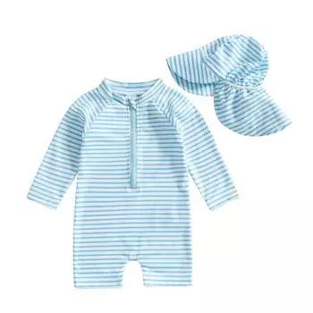 Купальник-рашгард для мальчиков и девочек с шапочкой, комплект из 2 предметов, полосатый узор, застежка-молния, длинный рукав, вырез лодочкой, детские купальники синий