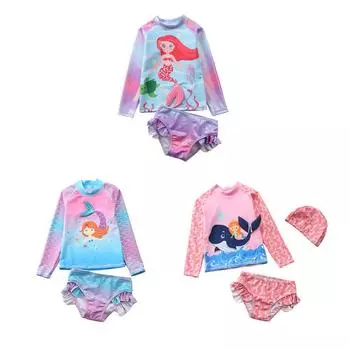 Купальник-рашгард для маленьких девочек, комплект купальных костюмов русалки с длинными рукавами, плавки бикини, солнцезащитный купальник 3XL