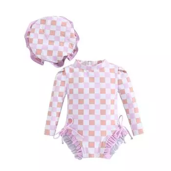 Купальник рашгарда для маленьких девочек 3, 6, 12, 18, 24 месяцев, купальный костюм с длинными рукавами и цветочным принтом/мороженого, детский купальник с шляпой от солнца 0-3 Months фиолетовый