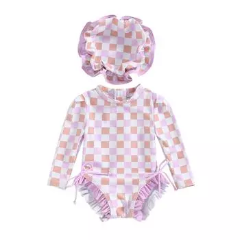 Купальник рашгарда для маленьких девочек 3, 6, 12, 18, 24 месяцев, купальный костюм с длинными рукавами и цветочным принтом/мороженого, детский купальник с шляпой от солнца 0-3 Months розовый
