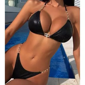 Купальник с цепочкой женский летний европейский и американский сексуальный купальник бикини с бретельками для горячих весенних условий S чёрный