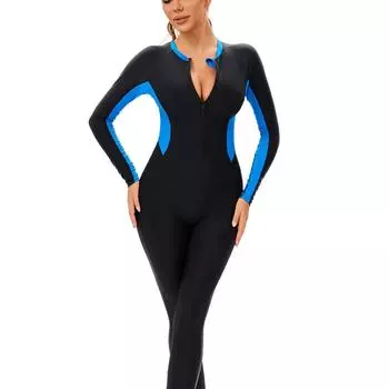 Купальник с длинным рукавом Sun цельный для женщин европейский и американский облегающий купальник-брюки L синий