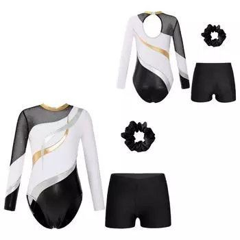 Купальник с длинными рукавами и стразами для девочек, вырез на спине, лоскутный дизайн, шорты с V-образным вырезом спереди, повязка для волос 5-6 Years горячий розовый/чёрный