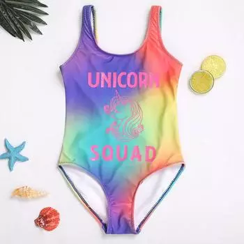 Купальник с надписью «Единорог» для девочек, детский цельный купальник, купальный костюм с галстуком-краской для девочек, монокини, купальный костюм для детей 7–12 лет, 2022 7-8 фиолетовый