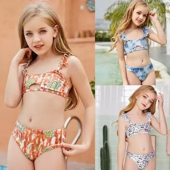 Купальник с принтом для девочек, детский разделенный купальник 150 синий