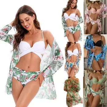 3 шт./компл. купальник с принтом пуш-ап женский купальник бикини комплект с длинными рукавами женский купальный костюм купальный костюм накидка с принтом купальный костюм большого размера пляжная одежда S