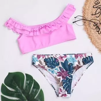 Купальник с рюшами для девочек, детский комплект бикини с открытыми плечами для девочек, От 4 до 13 лет, детский купальник из двух предметов, купальный костюм для девочек, пляжная одежда, 2021 г. 6 фиолетовый