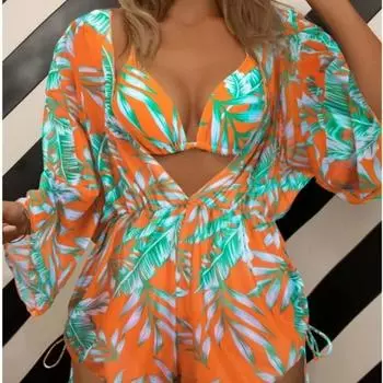 Купальник с сетчатой талией и длинными рукавами, высокая талия, принт, шнурок, европейское и американское бикини из трех частей S