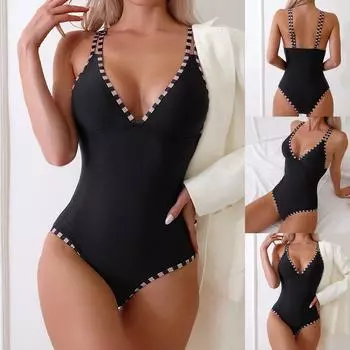 Купальник с V-образным вырезом, черный, консервативная мода, высокая эластичность, женский цельный купальник с полосатым принтом, женская пляжная одежда S чёрный