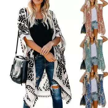 Купальник с защитой от солнца Tassle Ball, женский кардиган в стиле бохо с короткими рукавами и принтом, пляжная накидка чёрный