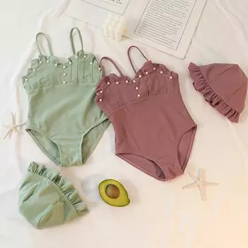 Купальник-слинг для девочки, летний новый цельный купальник с жемчугом и шапочкой для детей, детская одежда без рукавов для девочек 1-8 лет 12-24M(90)