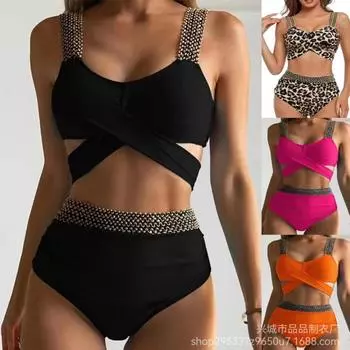 Купальник Сплит Бикини с леопардовым принтом Крест Купальник с высокой талией и поясом с блестками Золотой шелковый купальник на резинке S