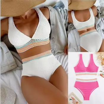 Купальник сплошной цвет из двух частей для женщин бикини с высокой талией S