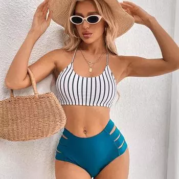 Купальник в полоску, бикини, женский купальник на шнуровке, купальный костюм L