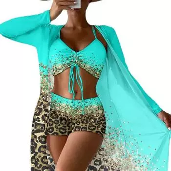 Купальник в стиле ретро, женская консервативная газовая юбка, солнцезащитный крем, пляжный цельный купальник, костюм из трех предметов S