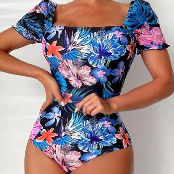 Купальник женский, цельный комплект с разрезом, высокая талия, короткий рукав, верхняя рубашка, бикини с кулиской и принтом S