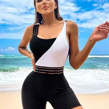 Купальник женский цельный однотонный комплект бикини с плоскими углами и крестиком S чёрный