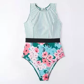 Купальник женский цельный с треугольными полосками, разноцветные комплекты бикини с открытой спиной и цветочным принтом S