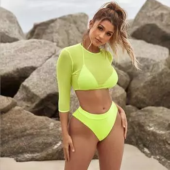 Купальник женский, комплект бикини с разрезом, сетчатый комплект из трех предметов с длинными рукавами, треугольный сплошной цвет, купальник с шейным ремешком S чёрный