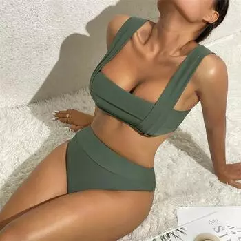 Купальник женский купальник бикини из двух частей однотонный зеленый комплект бикини купальный костюм женская летняя пляжная одежда S