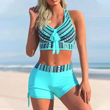 Купальник женский купальник с высокой талией и бантом комплект бикини пуш-ап купальный костюм с принтом пляжная одежда лето