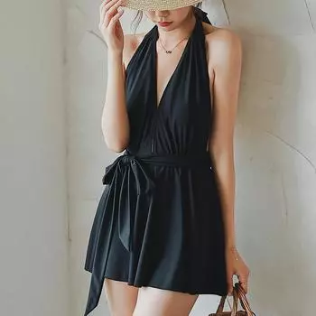 Купальник женский, летний, сексуальный, с v-образным вырезом, с открытой спиной, цельная юбка, стильный топ с лямкой на шее, купальник XL чёрный