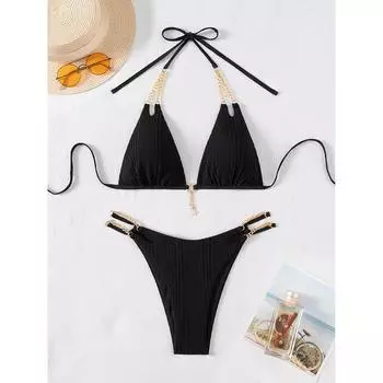 Купальник Женский На шее Пляжная одежда Металлический декор Раздельный купальник Однотонный Сексуальные стринги Летний отпуск Женский Набор бикини S чёрный