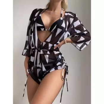 Купальник женский, раздельный, из трех частей, с длинными рукавами, рубашка, сетка, красные комплекты бикини на шнуровке S чёрный