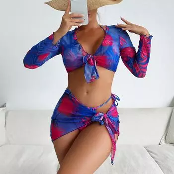 Купальник женский, разделенный комплект из четырех предметов, высокая талия, длинный рукав, верхняя рубашка, бикини с кулиской и принтом S