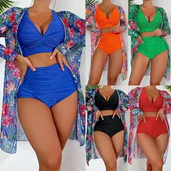 Купальник женский, разделенный комплект из трех предметов, высокая талия, длинный рукав, верхняя рубашка, бикини с кулиской и принтом XL чёрный