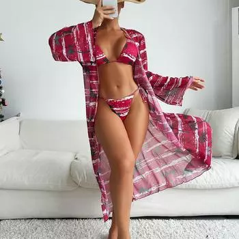 Купальник женский, разделенный комплект из трех предметов, высокая талия, длинный рукав, верхняя рубашка, бикини с кулиской и принтом S синий