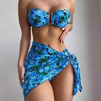 Купальник женский, разделенный комплект из трех предметов, с высокой талией, без рукавов, верхняя рубашка, бикини с кулиской и принтом M синий