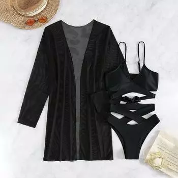 Купальник женский, разделенный комплект из трех частей, с высокой талией, верхняя рубашка, черные костюмы бикини S чёрный