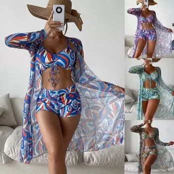 Купальник женский, разделенный комплект из трех предметов, высокая талия, длинный рукав, верхняя рубашка, бикини с кулиской и принтом S