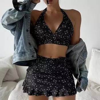 Купальник женский, разделенный на бретельках, комплект из трех предметов, сетка с цветочным принтом, красная юбка на шнуровке, костюмы бикини M