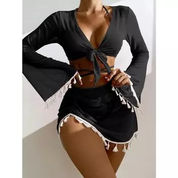 Купальник женский, разделенный на три или четыре части, сплошной цвет, кружевной купальник с длинными рукавами и кисточками S