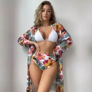 Купальник женский с бретелькой на шее и разрезом с принтом, высокой талией и длинными рукавами, большие комплекты бикини из трех предметов S чёрный