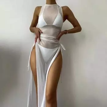 Купальник женский с разрезом на трехточечной завязке, сплошной цвет, сетчатые комплекты бикини из трех частей XL