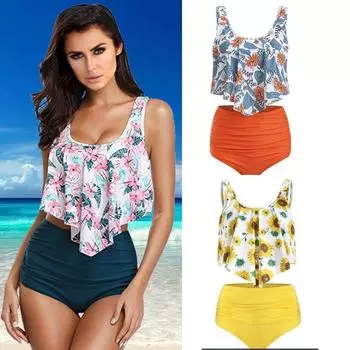 Купальник женский сексуальный с открытой спиной и высокой талией с цветочным принтом, комплект из двух предметов, купальный купальный костюм S оранжевый/розовый